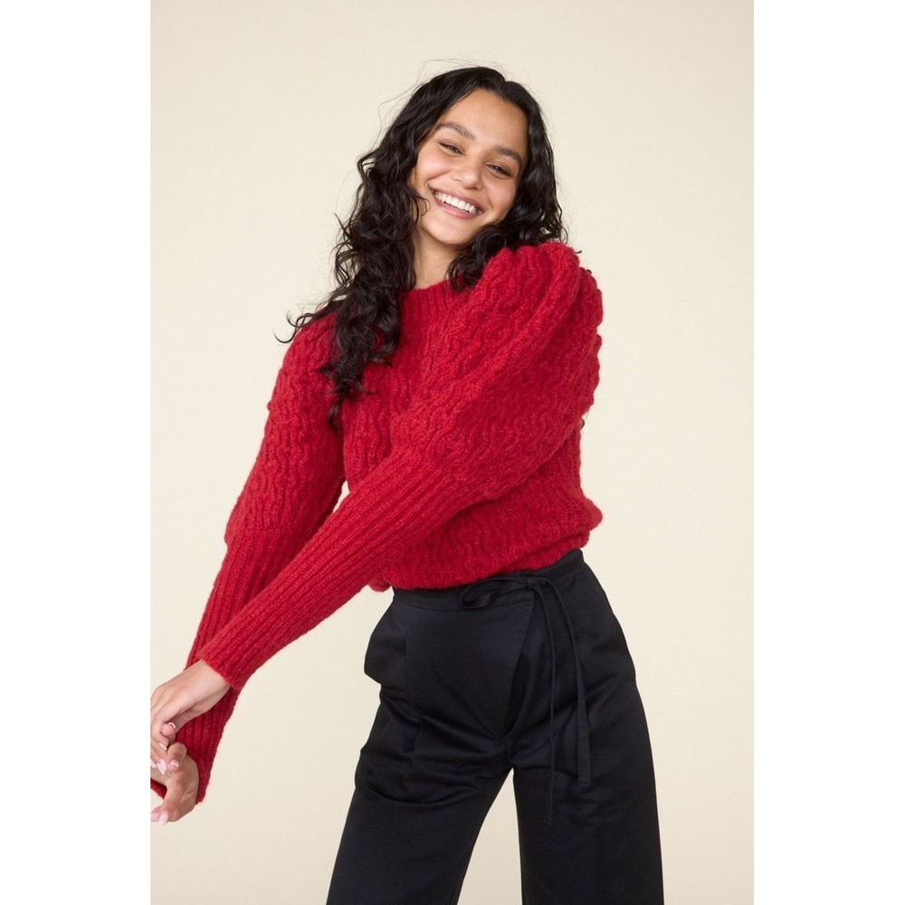 St. Roche‎ Alpaca Blend Puff Shoulder Holiday Knit Sweater Cherry Red Small $345